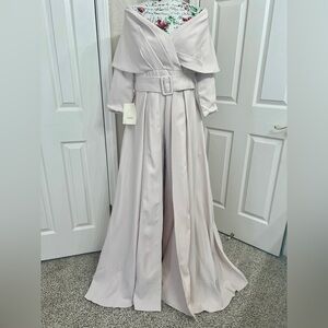 Cream Off-the-Shoulder Gown with Bishop Sleeves